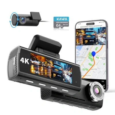 Immagine di KAWA 4K Dashcam Frontale e Posteriore, Scheda 64GB Gratis, Telecamera WiFi 2160P per Auto con Sony Starvis IMX415, GPS Integrato Dual Dashcam, Schermo IPS 3.16&quot;, Visione Notturna, Parcheggio 24H.