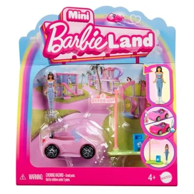 Immagine di Barbie mini BarbieLand Set Auto decappottabile e bambola, playset bambola 3,8 cm veicolo con sorpresa cambia colore in acqua calda fredda, giocattolo per bambini, 4+ anni, HYF42