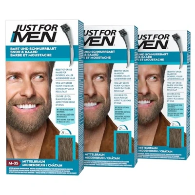 Immagine di Just For Men Baffi e barba tintura marrone medio, colore barba, tinta, elimina i capelli grigi per un aspetto più completo, con pennello applicatore M35, confezione da 3 (3 x 28,4 g)