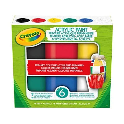 Immagine di CRAYOLA 6 Tempere Acriliche, Colori Primari, in Barattolini Richiudibili, Pronte all&#039;Uso, per Scuola e Tempo Libero, 54 2009, 59 ml (Confezione da 1)