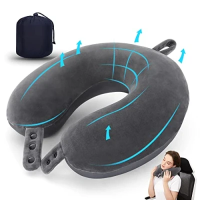 Immagine di cuscino cervicale da viaggio, in memory foam per aeroplano, supporto la testa, morbido regolabile aereo, auto e casa reclinabile (grigio)