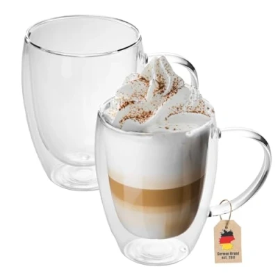 Immagine di Intirilife 2x set di bicchieri termici a doppia parete 250 300ml soffiati bocca isolati per cappuccino espresso, da tè caffè latte macchiato, effetto galleggiante con manico