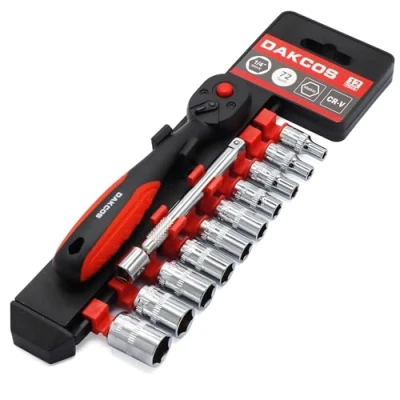 Immagine di DAKCOS set di chiavi a cricchetto da 1/4&quot; con impugnatura 72 denti e barra estensione 100 mm, prese 4 13 mm
