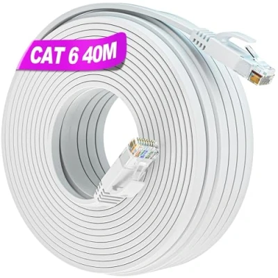Immagine di Soibke Cat 6 Cavo Ethernet 40 Metri, Piatto Bianco LAN 40m Esterno Alta Velocità di Rete Gigabit 1000Mbps RJ45 Internet Lungo Patch per Router Modem