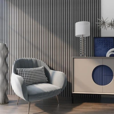 Immagine di NEU.HOLZ Set di 8 Pannelli Fonoassorbenti Decorativi Isolamento Acustico per Parete e Soffitto in Feltro Pet con Listelli MDF Rovere Grigio