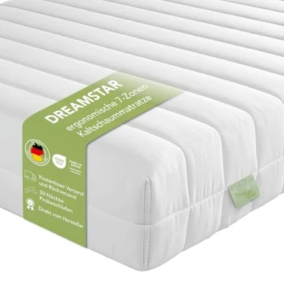 Immagine di DREAMSTAR Easy Flex Materasso ortopedico in schiuma fredda a 7 zone certificato Öko Tex Grado di durezza 2 e 3 (H2 &amp; H3) arrotolabile 16 cm Made EU I 80 x 200 cm, Bianco