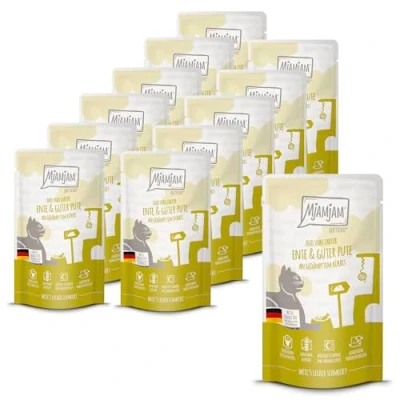 Immagine di MjAMjAM Cibo umido premium per gatti Quetschie DUO a base di tenera anatra e squisito tacchino con zucca cotta vapore, confezione da 12 (12 x 125g), senza cereali carne extra