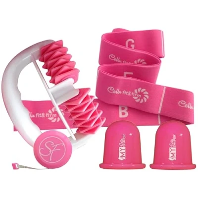 Immagine di Set di Strumenti per Massaggio Stephanie Franck Beauty N. 2 include 1 Rullo Massaggiante My Body Shaper, Coppette Cellu Shaper 5,5 cm, Banda Elastica Yoga e Metro (rosa)