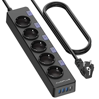 Immagine di AUOPLUS multiple prese con 5 di corrente e 4 porte USB (3 A+1 C), presa multipla protezione sovratensione interruttori, cavo da 3 m, 3680 W/16 A, nero