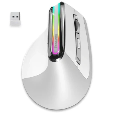Immagine di NEWWAY 2024 Nuovo Mouse verticale senza fili A9 WiFi 2.4 GHz Bluetooth 3.0/5.0 USB C Ricaricabile RGB 2400 DPI Ergonomico Silenziatore Nano ricevitore integrato 10 M Bianco