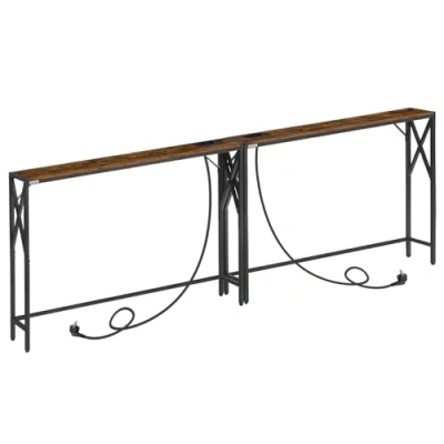 Immagine di MAHANCRIS Set di 2 Tavoli Console con Stazione Ricarica, Tavolini da Divano Stretti, Tavolo Portaoggetti Corridoio, Tavolino Dietro Divano, per Ingresso, Balcone, Marrone e Nero ACTHR151UE01S2V