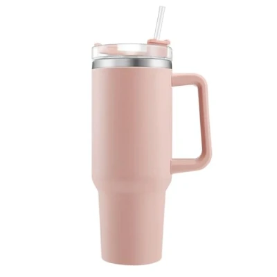 Immagine di Euleryoo Tazza isolata sottovuoto in Acciaio inox，Bottiglia d&#039;acqua da 40 once con manico e cannuccia ，Termiche Inossidabile，tazza viaggio a prova di perdite Rosa