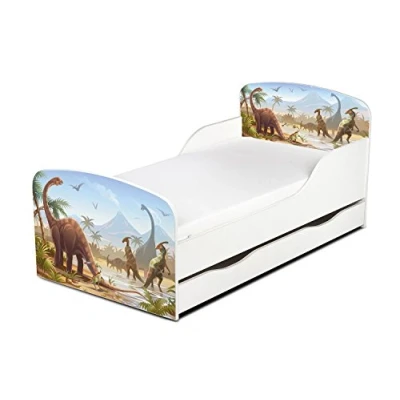Immagine di leomark Letto per bambini in legno, cassetto e materasso, rete a doghe, mobili bambino, magnifiche stampe, dimensioni del materasso 140 x 70 cm, colore bianco con motivo: JURASSIC