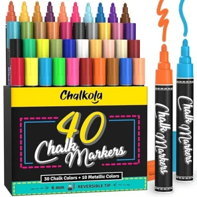 Immagine di Chalkola Liquid Chalk Pens for Blackboard, Chalkboard, Whiteboard, Window, Labels, Glass, Board Pack of 40 (Neon, Pastel &amp; Metallic) Paint Colours Wipeable Markers 6mm Reversible Tip