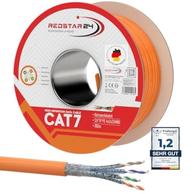Immagine di RedStar24 CAT 7 Cavo di rete 100m Ethernet CAT7 Schermato dati LAN Gigabit S/FTP, PIMF, PoE, 10Gbit/s, Senza alogenuri, installazione in rame 100 metri bobina