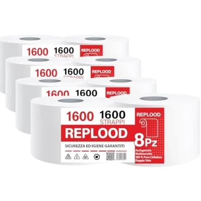 Immagine di Rotoloni Carta Asciugatutto 8 Rotoli 6400 Strappi Totali, Kg 2 Veli Pura Cellulosa Microgoffrata Extra Resistente, Lunga Durata Uso Alimentare, Casalingo e Industriale