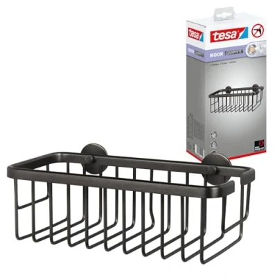 Immagine di tesa MOON Mensola per doccia autoadesiva in grafite spazzolata a un piano e capiente, metallo rivestito PVD non richiede foratura, soluzione adesiva inclusa 92 mm x 250 125