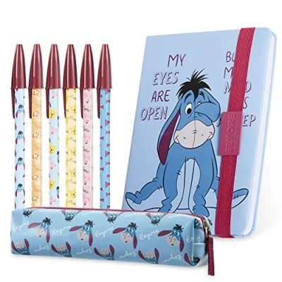 Immagine di Disney Set Cancelleria Notebook Quaderno A5 Astuccio e Penne Gadget Originale Minnie The Mandalorian Ih oh Ufficio Scuola Università (Blu Eeyore)