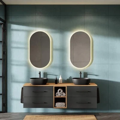Immagine di Planetmöbel LUX Set di mobili da bagno con mobiletto 170 cm, 2 lavandini 42 colore nero, specchi 50 cm (senza LED), lavandino, colore: oro quercia/antracite