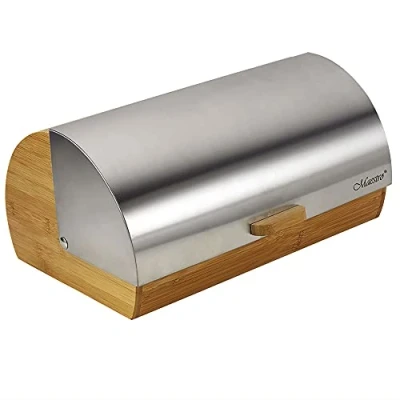 Immagine di Maestro MR 1673S Portapane per la Conservazione, Coperchio Scorrevole, Apertura Frontale, Contenitore Pane e Pasticceria Viennese, Design Elegante, Inossidabile, Legno/Acciaio, 37 x 22 17 cm