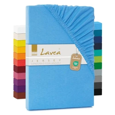 Immagine di Lavea, lenzuolo in jersey con angoli, serie Maya, 100% Cotone, lavorazione di alta qualità, elastico, certificazione Oeko Tex 100, Celeste., 200 x 220 cm
