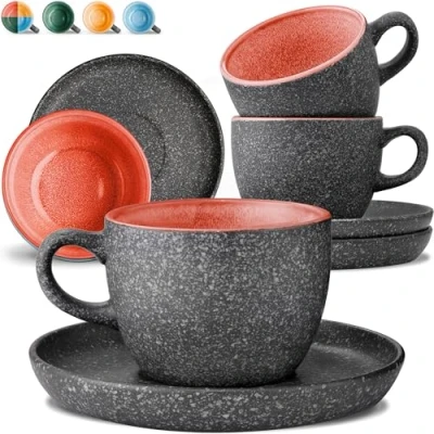 Immagine di Cosumy Set di 4 Tazze per Cappuccino in Ceramica con Piattini 200ml Gres Spesso Smalto Reattivo Artigianale Mantiene il Calore a Lungo (Rosso)