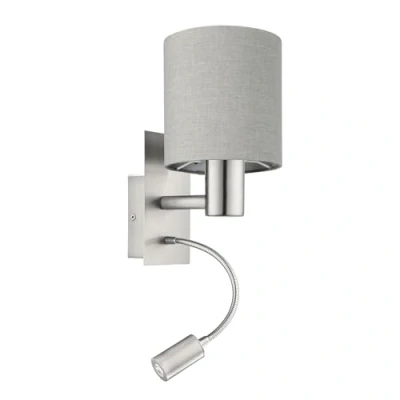 Immagine di EGLO Lampada da parete a Led Pasteri due punti luce, acciaio nichel opaco, tessuto marrone antracite, E27, incl; interruttore e luce di lettura flessibile
