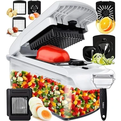 Immagine di Taglia Verdure Affetta Manuale Spiralizzatore di Multifunzione Tritatutto Affettatrice Tagliaverdure Frutta Cipolla Patate Cubetti Julienne (9 in 1 Bianco)