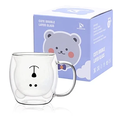 Immagine di SHENDONG tazze con orsetto carino Simpatico Tazza da caffè manico Latte 250ml Tazzine in vetro isolante a doppia parete Regalo di Compleanno San Valentino