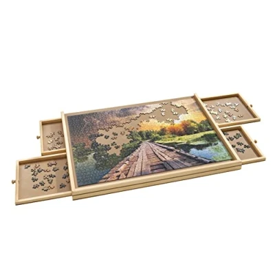 Immagine di Spetebo puzzle in legno con 4 cassetti, 70 x 50 cm, base per un massimo di 1000 pezzi, estraibile