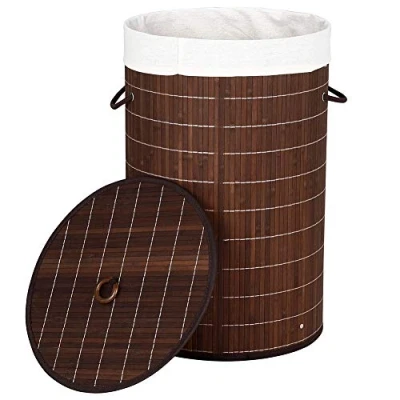 Immagine di BAKAJI Cesto Biancheria Sporca Portabiancheria Casa in Legno di bambù e Tessuto Contenitore Pieghevole Salvaspazio con Coperchio Manici capacità 70lt Dimensione 38 x 60 cm (Marrone)