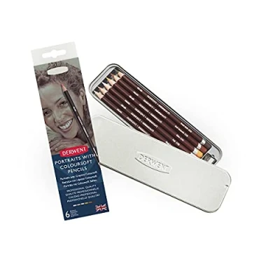Immagine di Derwent Coloursoft Skintone Set di 6 Matite Colorate per Diverse Tonalità Pelle e 1 x Temperino, Ideali la Costruzione del Colore, Astuccio in Metallo Incluso, Qualità Professionale