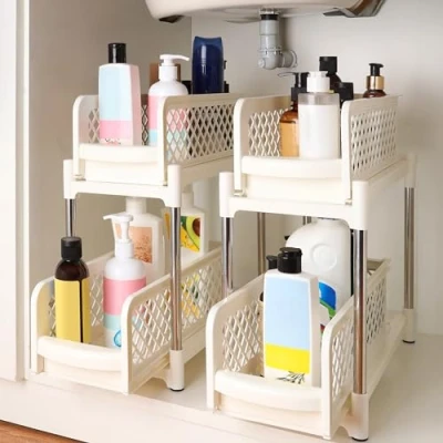 Immagine di Belle Vous 2 Pezzi Organizer Sottolavello Estraibili a Livelli Carrello Cucina, del Bagno, Armadietti e Altro Ancora Ripiani Salvaspazio Multiuso
