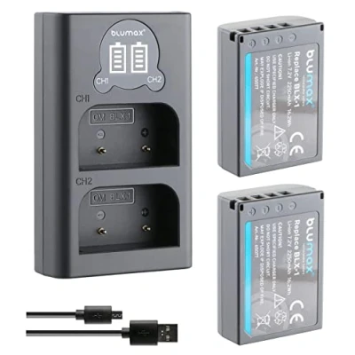 Immagine di 2 batterie Blumax + doppio caricatore LCD sostituisce Olympus BLX 1 compatibile con OM