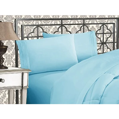 Immagine di Elegant Comfort Lussuoso set di lenzuola 1500 in microfibra qualità alberghiera, tre linee, ricamate, morbide, 4 pezzi, resistente alle pieghe e allo sbiadimento, king size, blu acqua