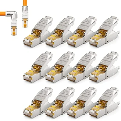 Immagine di deleyCON 12x CAT 6a Connettore di Rete a 90 Angolo RJ45 Senza Attrezzi con Schermatura 10 Gbit/s Spina per la Posa Rigidi Cavi Grezzi Ethernet LAN Cavo Patch DSL
