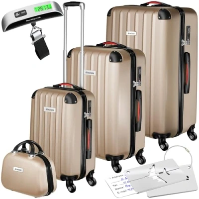 Immagine di TecTake® Set di valigie rigide Cleo, 4 pezzi, Trolley M, L e XL, Beauty Case Impilabile, Rotelle Girevoli a 360, Maniglia Telescopica Regolabile, Bilancia, Combinazione 3 Cifre Champagne