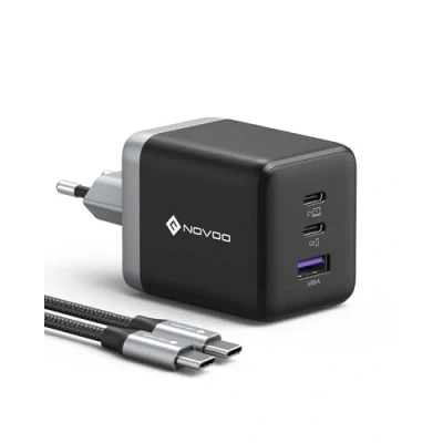 Immagine di NOVOO Caricatore USB C, 100W Caricabatterie Con Cavo C PD, GaN Ⅲ 3 Porte Veloce per MacBook Pro, Dell XPS 13, iPad iPhone 16/15/14/13/12, Galaxy S24 Ultra