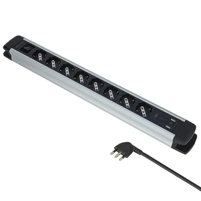 Immagine di Electraline 61922 Multipresa Alu Line 8 Posti Polivalenti, Schuko +10/16 A + 3 USB (2 3.0A 1 C 20W Power Delivery) con Interruttore Luminoso ON/OFF, 2M, Corpo in Alluminio