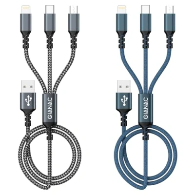 Immagine di GIANAC Multi Cavo di Ricarica, 2pack [1.2M] 3 in 1 Multiplo Cavetto con Micro USB Tipo C Lightning interfaccia Ricarica per Google Pixel, Samsung alaxy,iPhone,Huawei,Honor