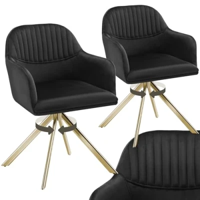 Immagine di TecTake® Set di 2 Sedie Girevoli in Velluto, Sala da Pranzo con Imbottitura, Moderne Braccioli e Gambe Acciaio, Ideali per Pranzo, Ufficio o Salotto Nero/Oro