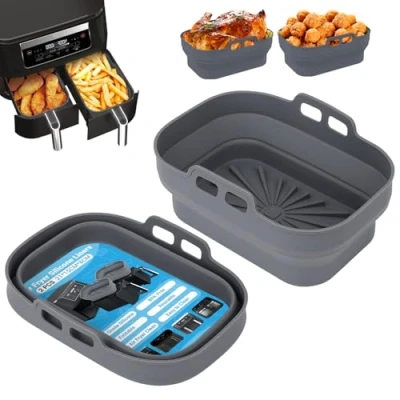 Immagine di Alyvisun Teglia per Friggitrice ad Aria, 2 Pezzi Stampi Silicone Air Fryer Riutilizzabile Contenitore Teglie Aria Contenitori Cestello Vaschette Airfryer, Forno, Microonde (Grigio)