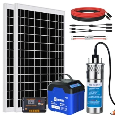 Immagine di DCHOUSE Set di pompe dell&#039;acqua per fontane profonde, con pompa sommergibile da 12 V DC + 2 pannelli solari 120 W batteria Bluetooth 100 AH regolatore 20 A fontane, stagni, e