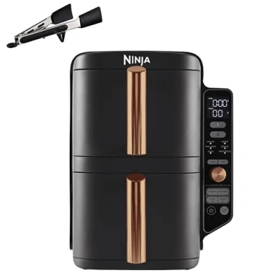 Immagine di Ninja Double Stack XL Friggitrice ad Aria Verticale, Doppia Zona, 4 Livelli, 2 Scomparti, Griglie, Capienza 9.5L, 6 Funzioni, 8 Porzioni, Parti Lavabili in Lavastoviglie, Pinze, Nero/Rame, SL400EUCP