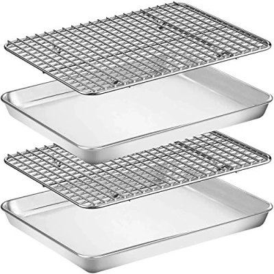 Immagine di Umiten teglia e cremagliera [2 fogli + 2 scaffali], in acciaio inox con griglia di raffreddamento, a scacchi, forno sicuro per forno, non tossico, resistente, facile da pulire (30,5 x