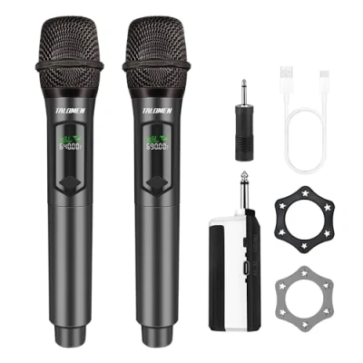 Immagine di Talomen Microfono Senza Fili,Microfoni wireless a 2.4 GHz,Microfono karaoke Portatile professionale,Sistema di Dual microfoni dinamici con Ricevitore Ricaricabile per Karaoke,Festa,Canto,Chiesa,K60 2