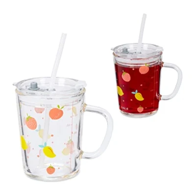 Immagine di Relaxdays Set da 2 Tazze per Bambini, Bicchieri Bimbi in Vetro, con Cannuccia Manico e Tappo, 400 ml, Trasparente