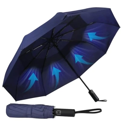 Immagine di Hannstar Ombrello tascabile Apertura e chiusura automatica Piccolo, compatto, leggero, forte, antivento resistente alle tempeste Doppio baldacchino ventilato per uomo donna, Blu scuro, S