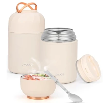 Immagine di ZWOOS Termos per Alimenti 850 ml, Contenitore Termico Caldi con Maniglia, Portavivande Acciaio Inossidabile Cucchiaio, Zuppa, Pasta (Bianco 850ML)