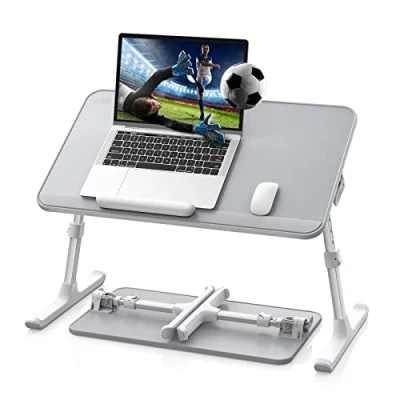 Immagine di Tavolo da letto, SAIJI Lap Desk, pelle resistente, altezza e angolo di inclinazione, pieghevole, fermo anticaduta, fino a 17in notebook, per divano, tavola (Grigio, 52 * 30cm)